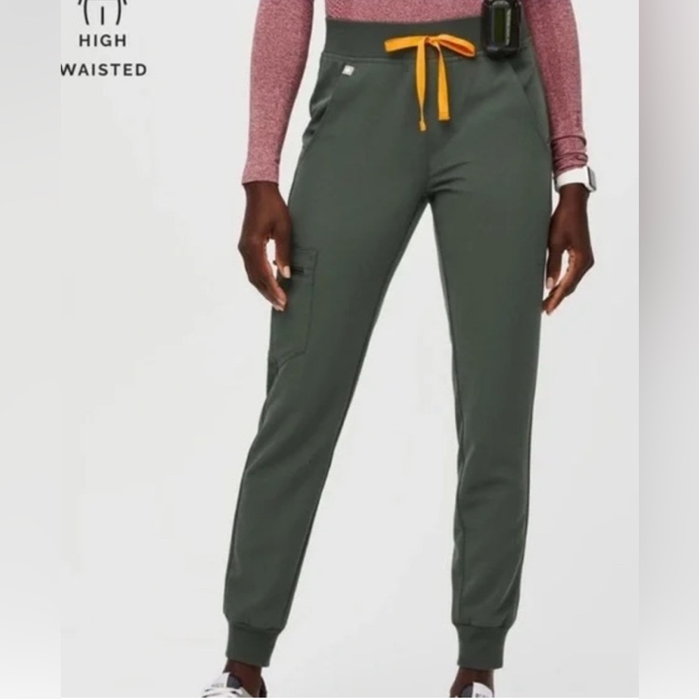 Figs High-Waisted Olive Green Track Joggers with Gold Drawstring